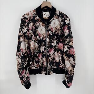 It Girl Floral Silky Full Zip Bomber Jacket Womens Large, Lacey Whimsical Bloom